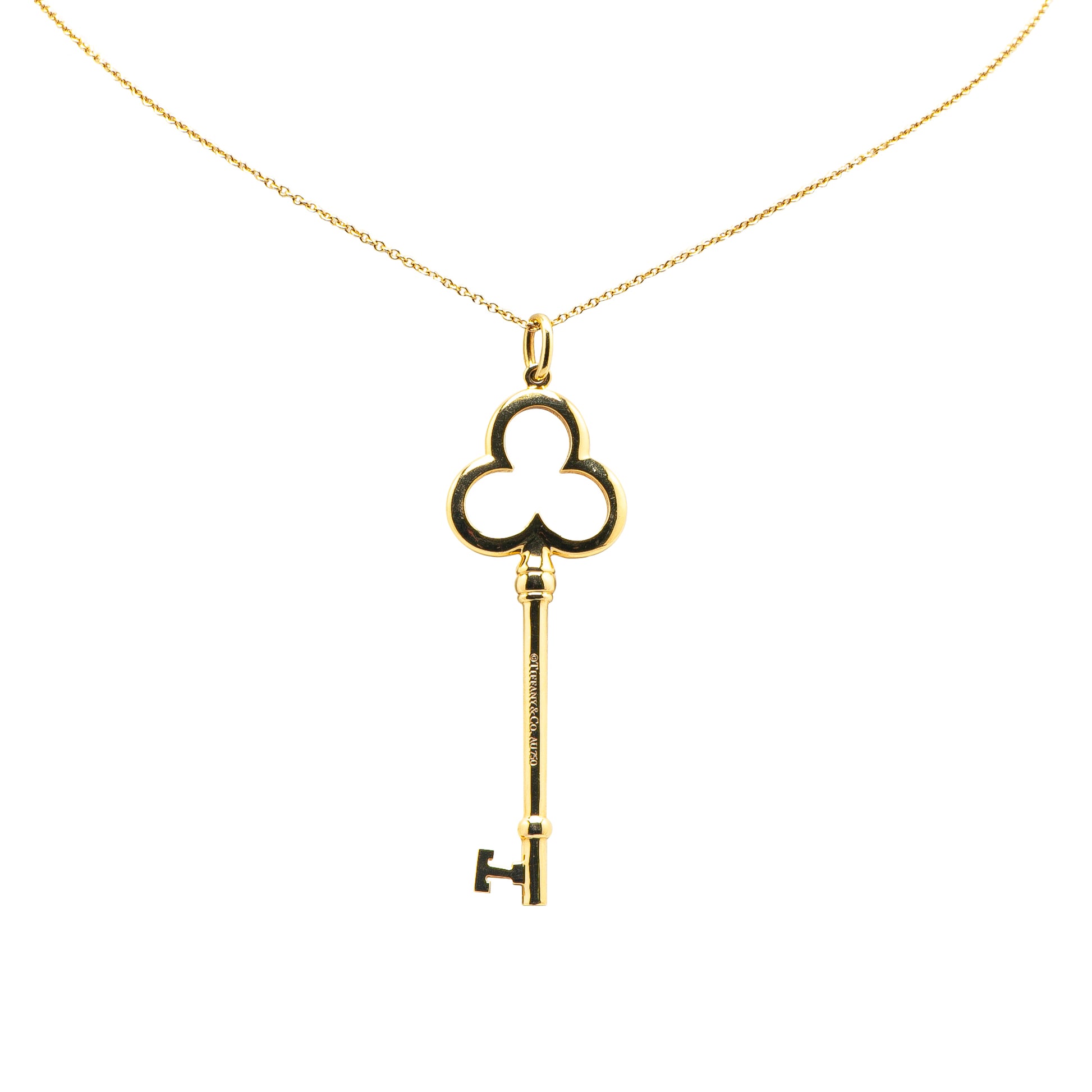 Tiffany 18K Yellow Gold Trefoil Open Key Pendant Necklace