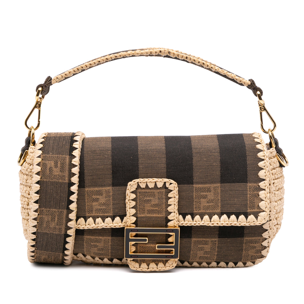 Fendi Pequin Gingham Canvas And Raffia Baguette Satchel