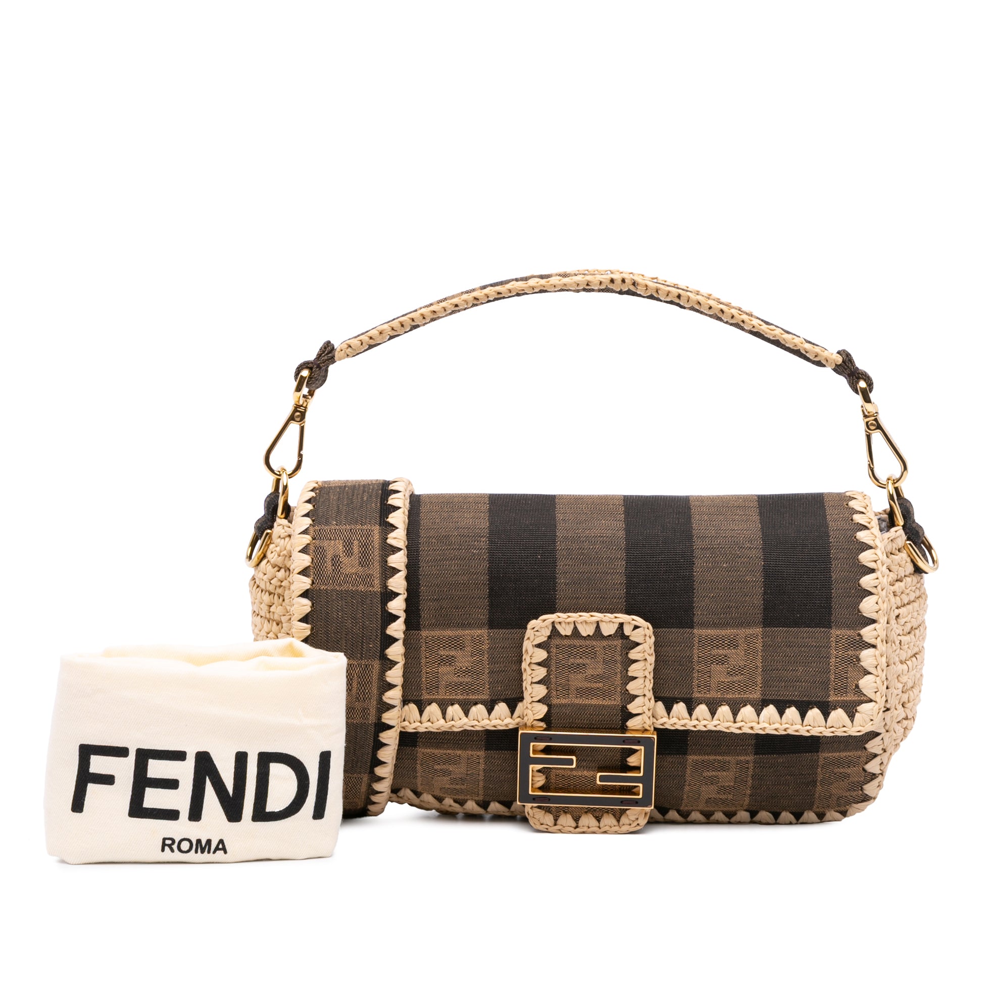 Fendi Pequin Gingham Canvas And Raffia Baguette Satchel