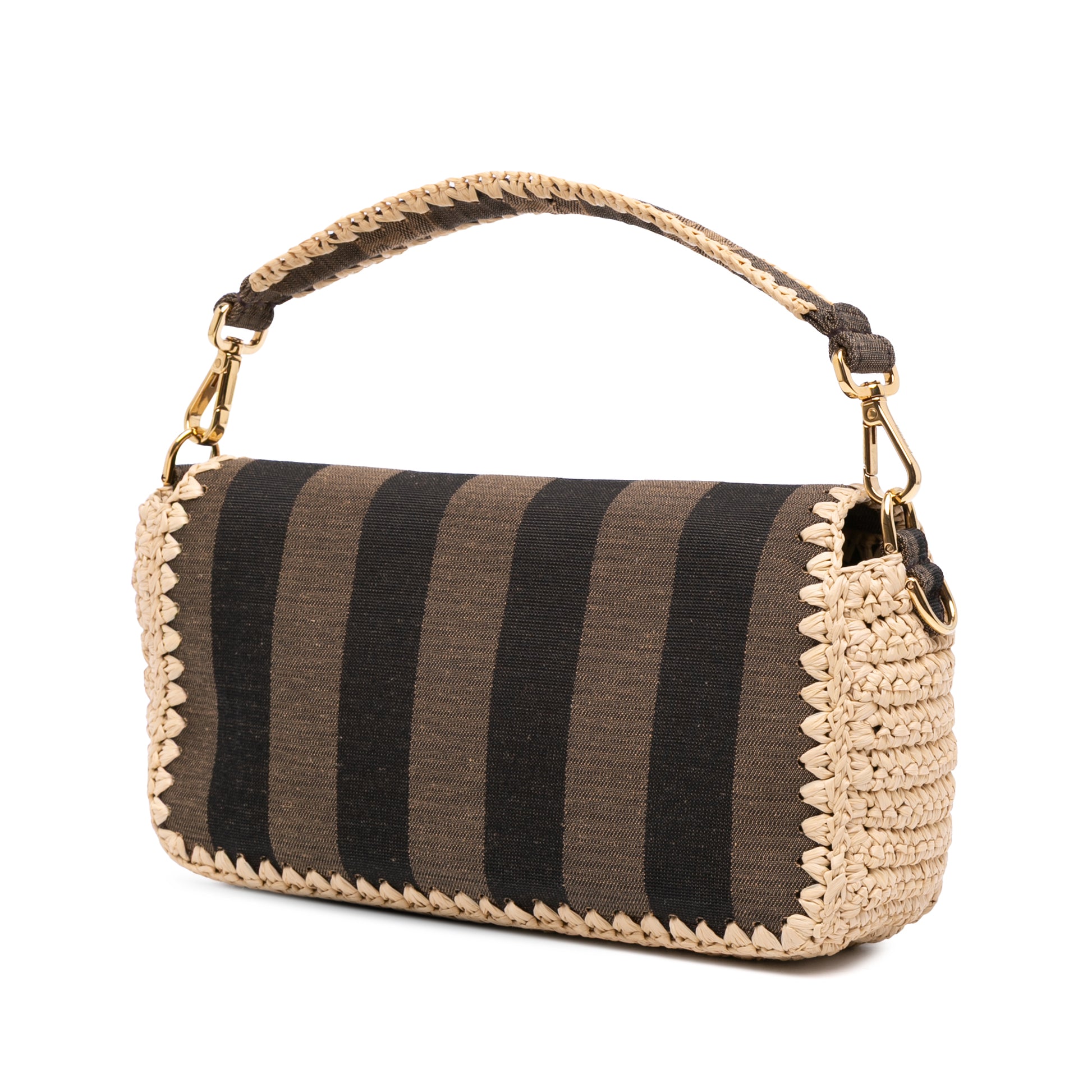 Fendi Pequin Gingham Canvas And Raffia Baguette Satchel