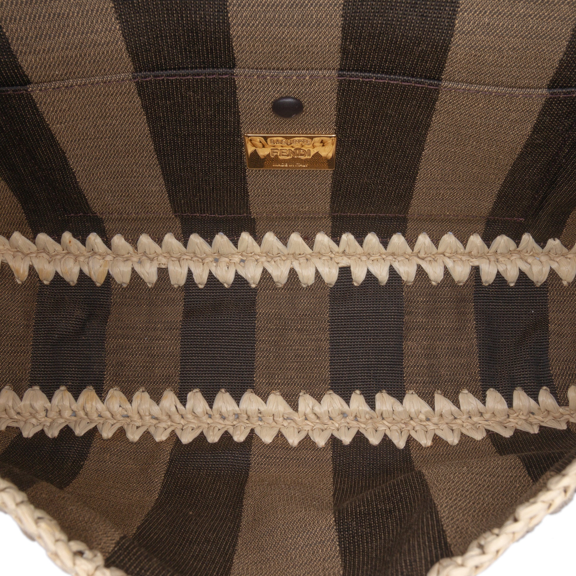 Fendi Pequin Gingham Canvas And Raffia Baguette Satchel