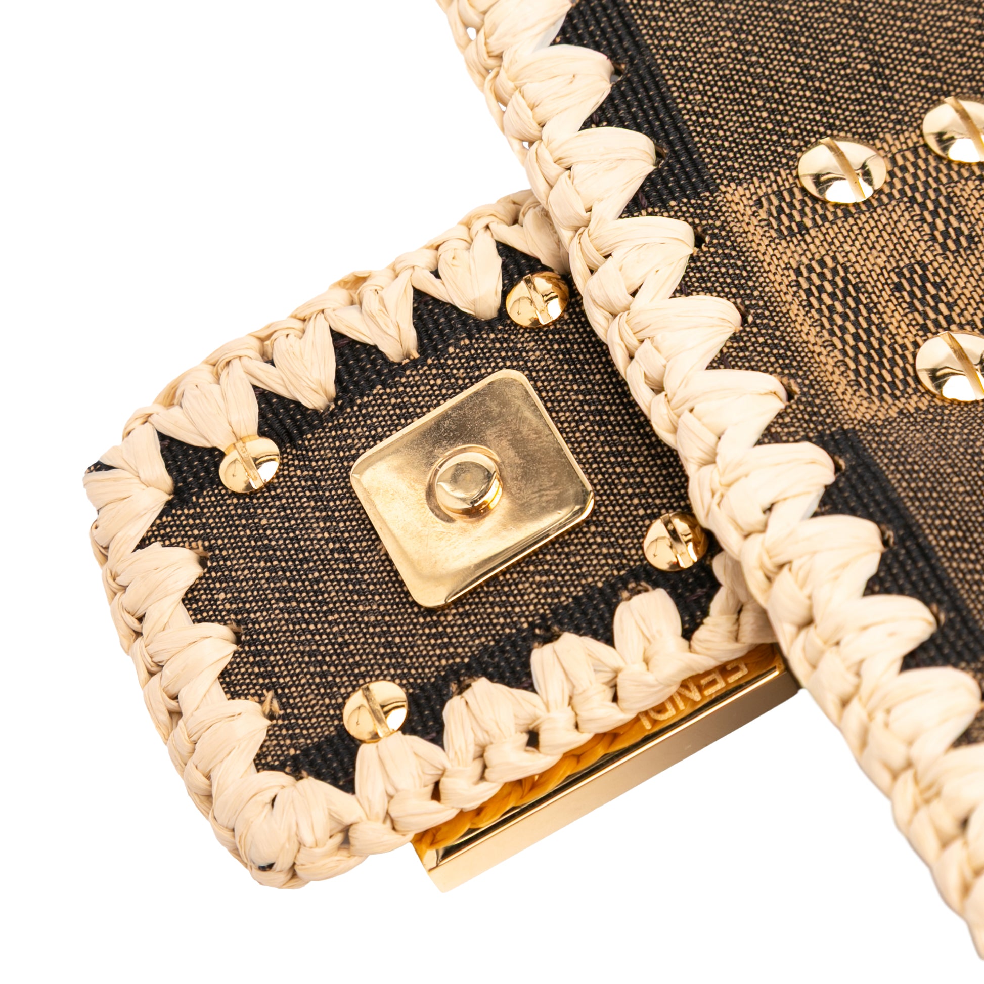 Fendi Pequin Gingham Canvas And Raffia Baguette Satchel