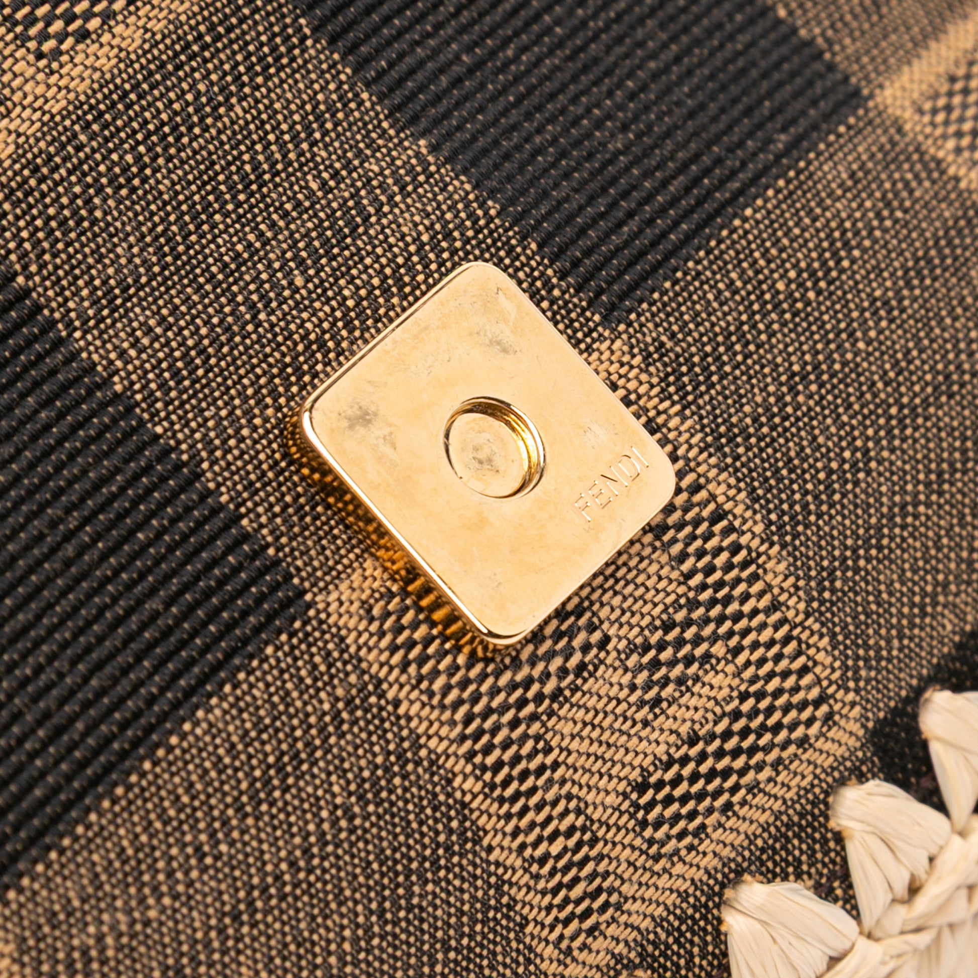 Fendi Pequin Gingham Canvas And Raffia Baguette Satchel