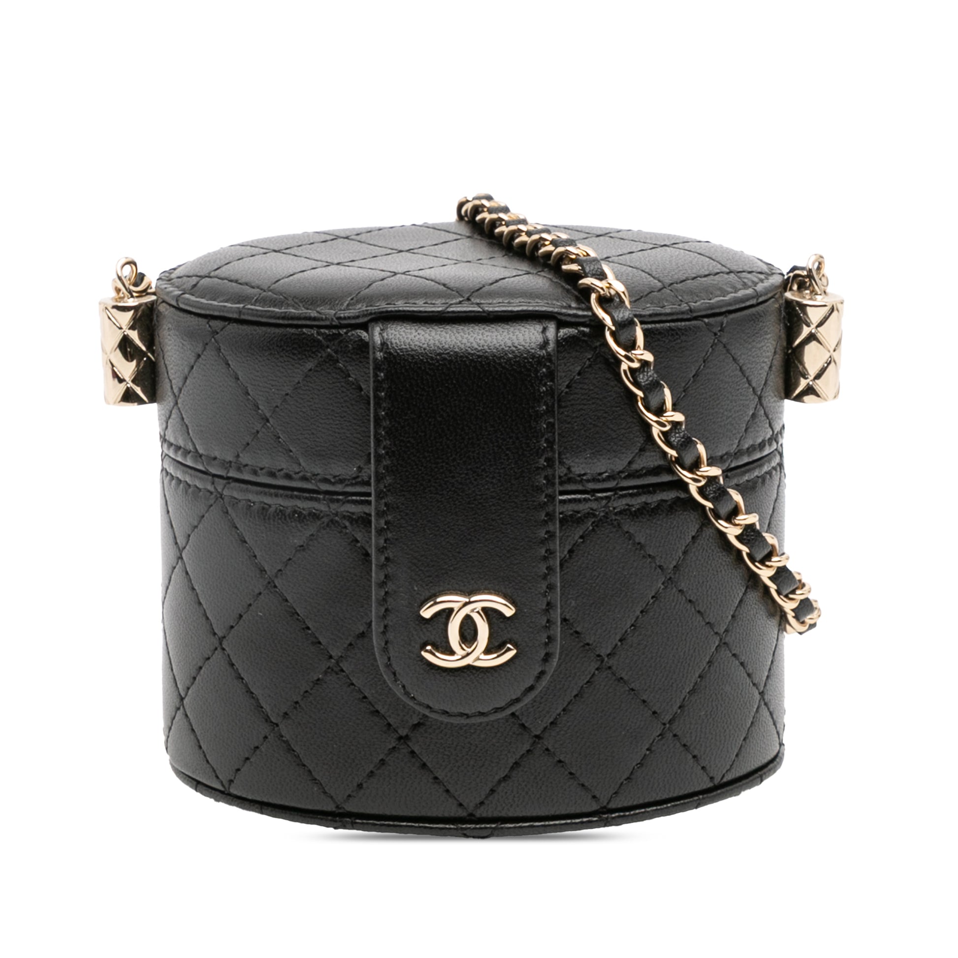 Chanel Mini Quilted Lambskin Round Vanity Case with Chain