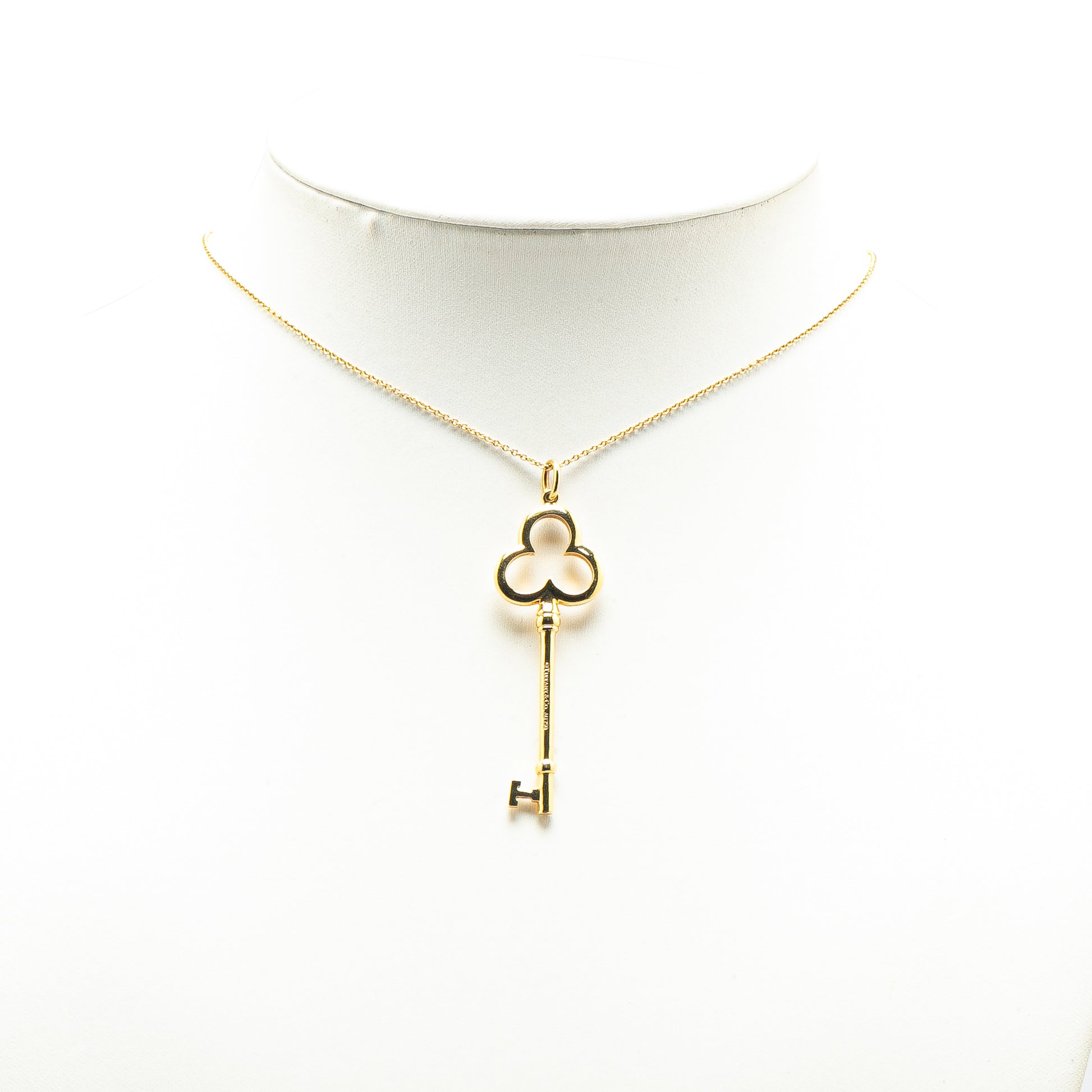 Tiffany 18K Yellow Gold Trefoil Open Key Pendant Necklace