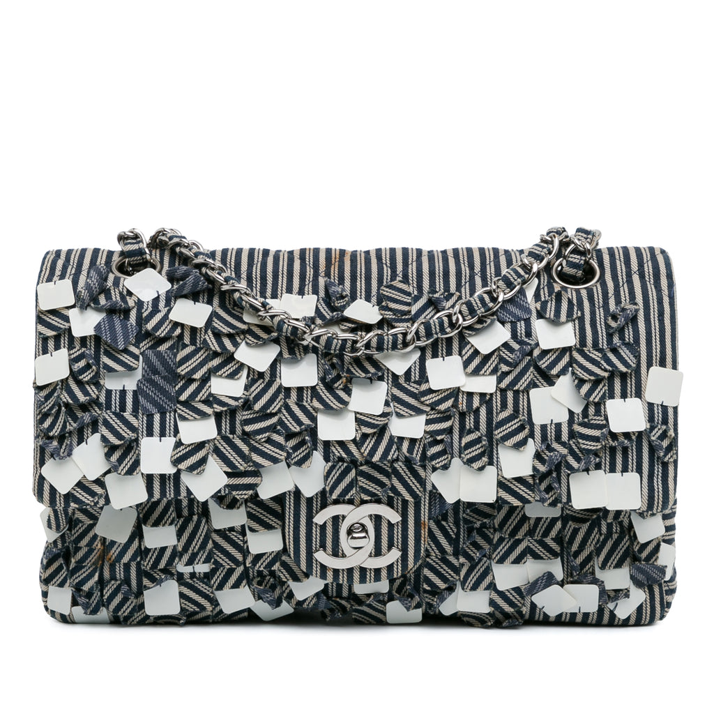 Chanel Medium Classic Canvas Sequin Stripes Double Flap