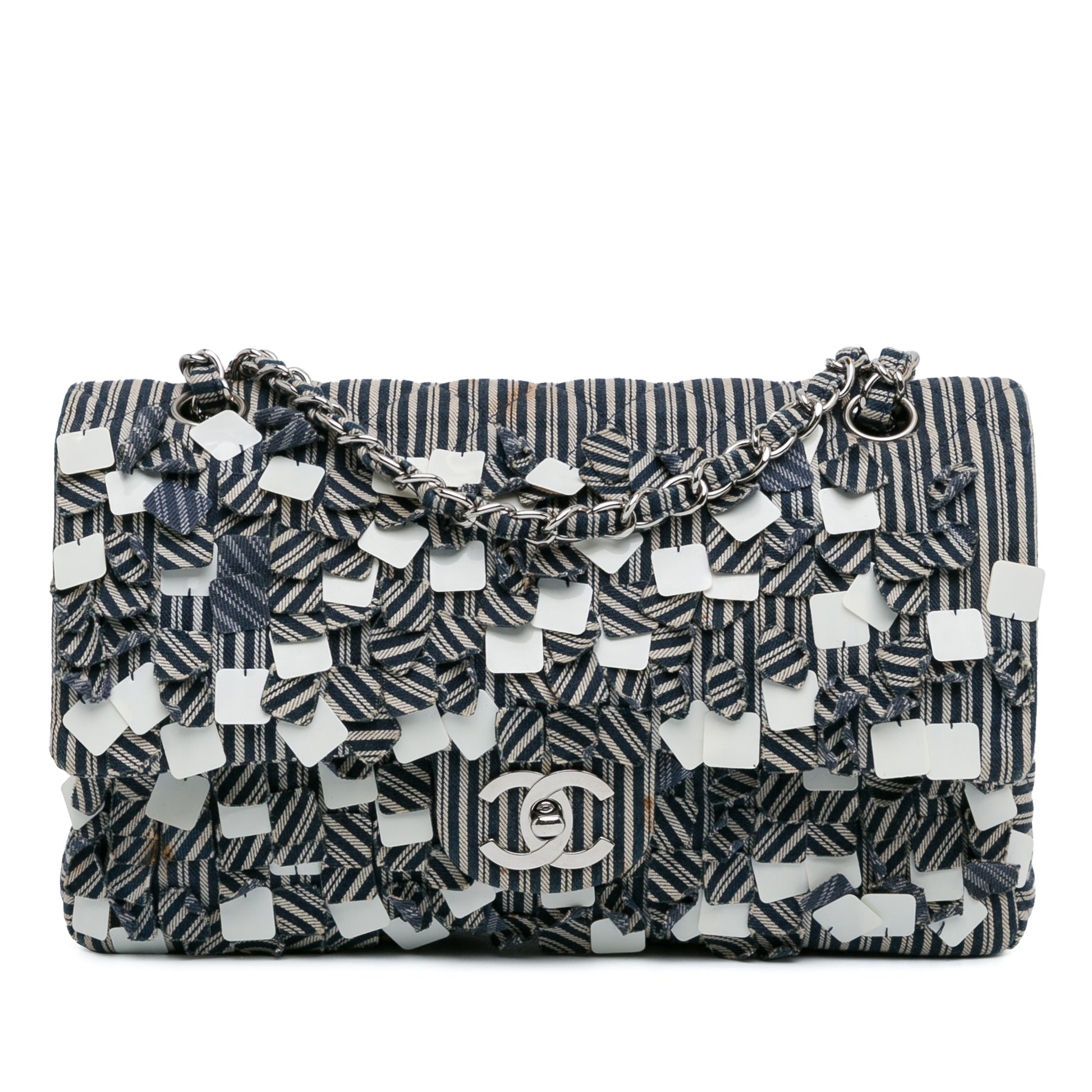 Chanel Medium Classic Canvas Sequin Stripes Double Flap