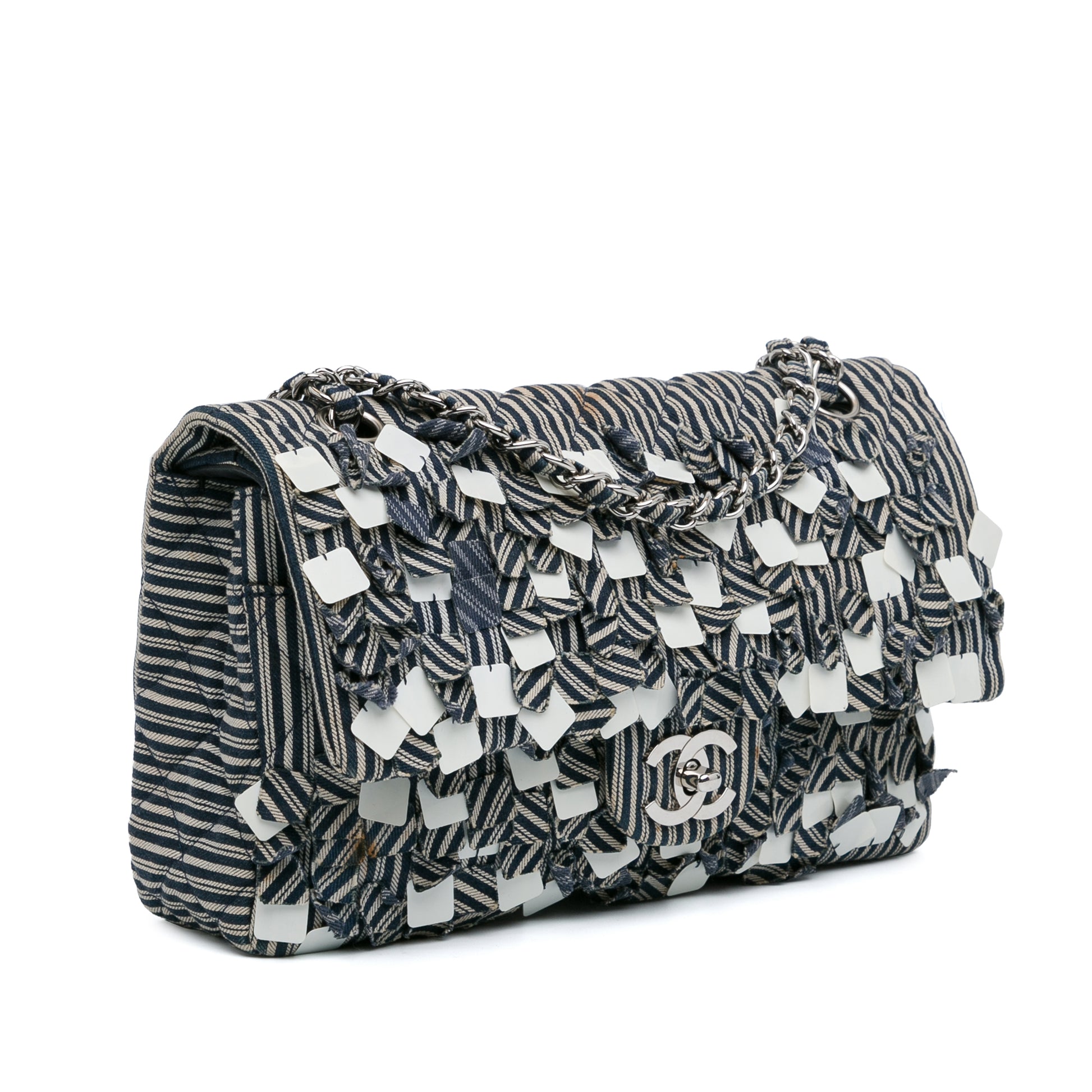 Chanel Medium Classic Canvas Sequin Stripes Double Flap