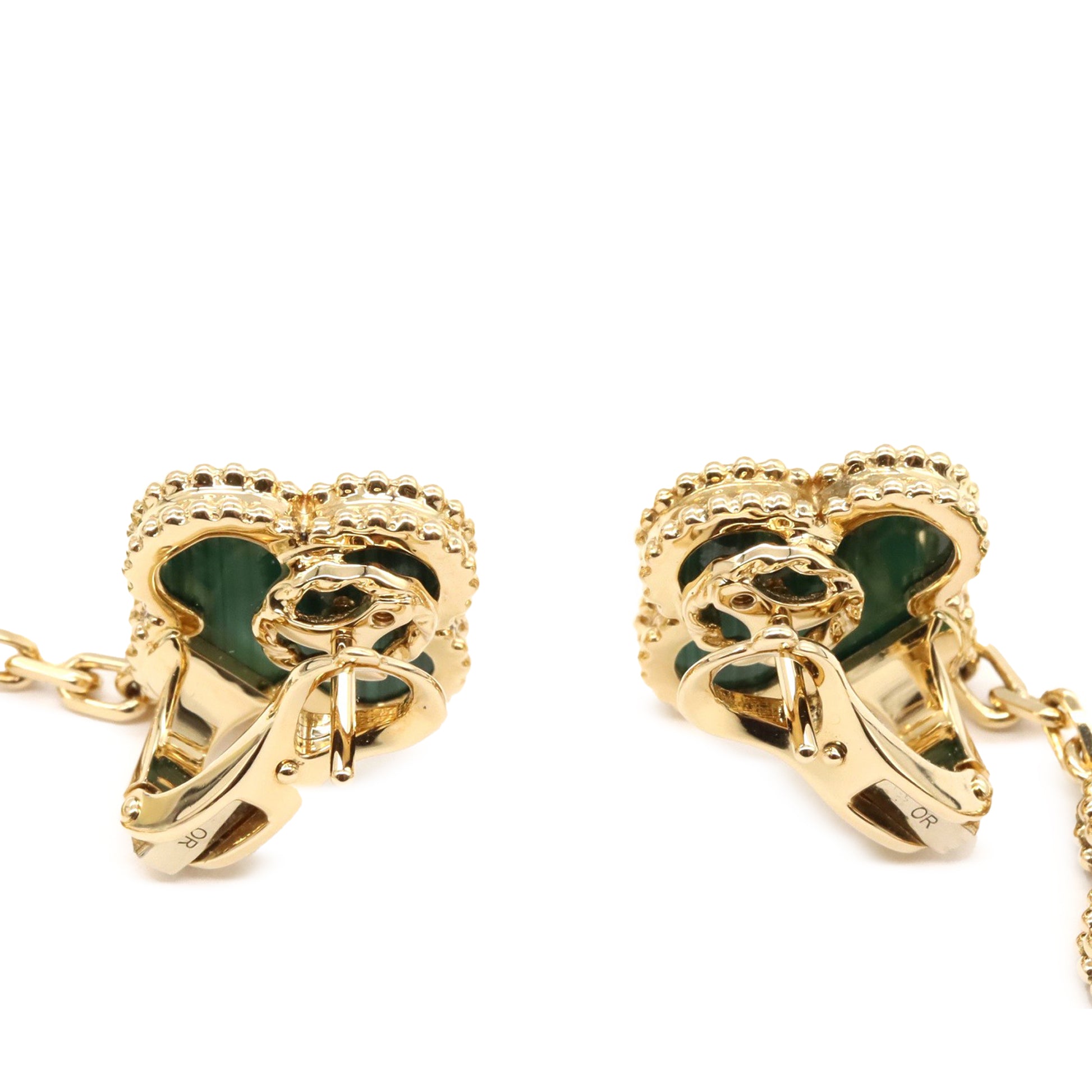 Van Cleef & Arpels 18K Yellow Gold and Malachite Magic Alhambra 3 Motif Earrings