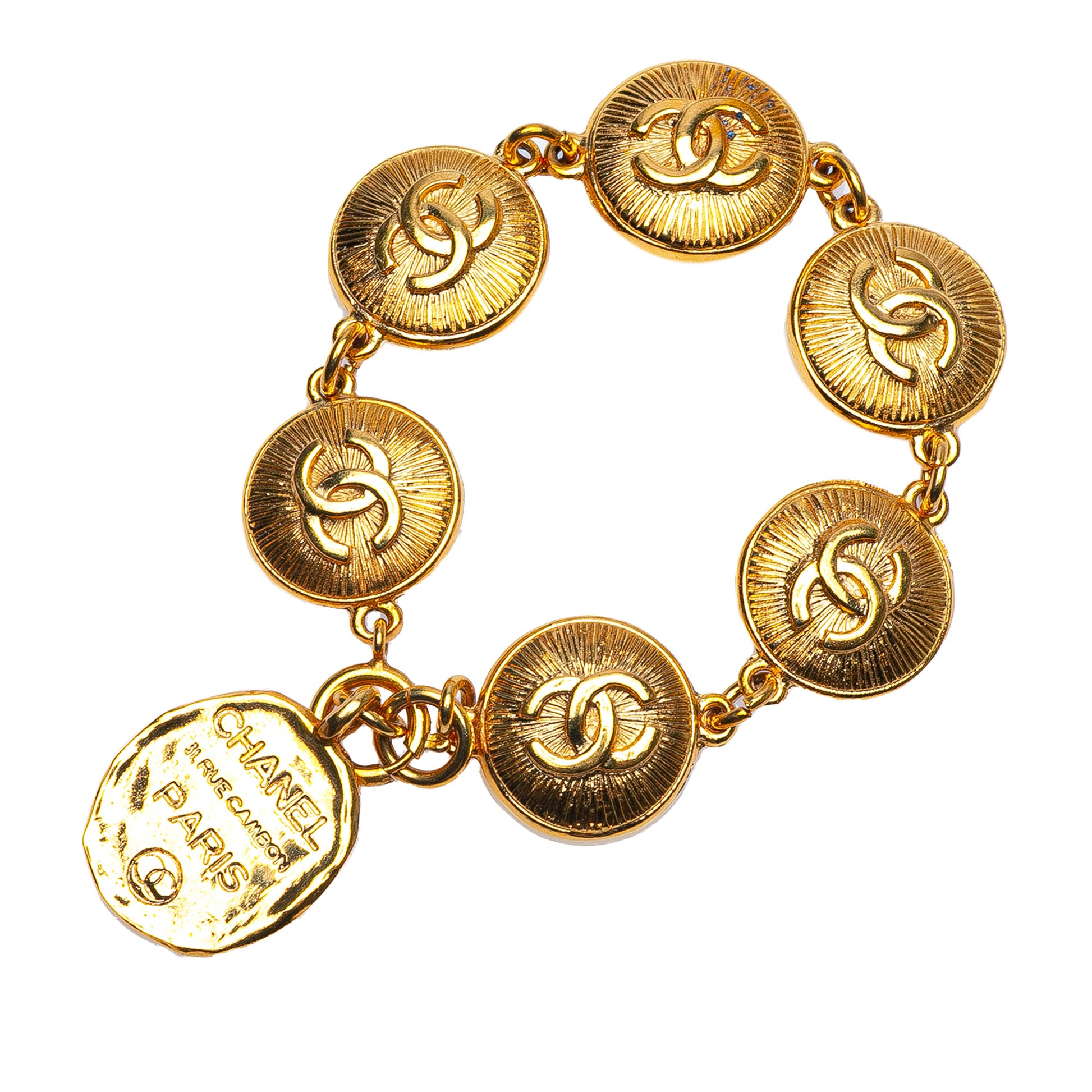 Chanel Gold Plated Rue Cambon CC Medallion Link Bracelet